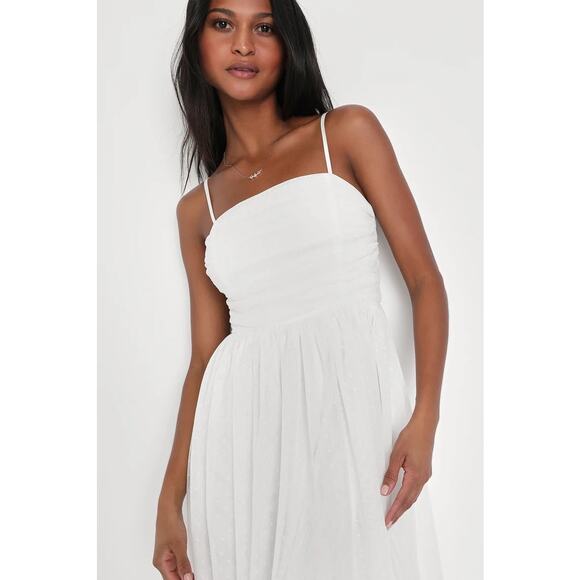 Lulus Darling Sweetheart White Swiss Dot Ruched Midi Dress Size M - Picture 3 of 6